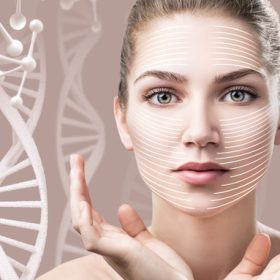 Portrait of sensual woman among DNA chains. Over beige background.